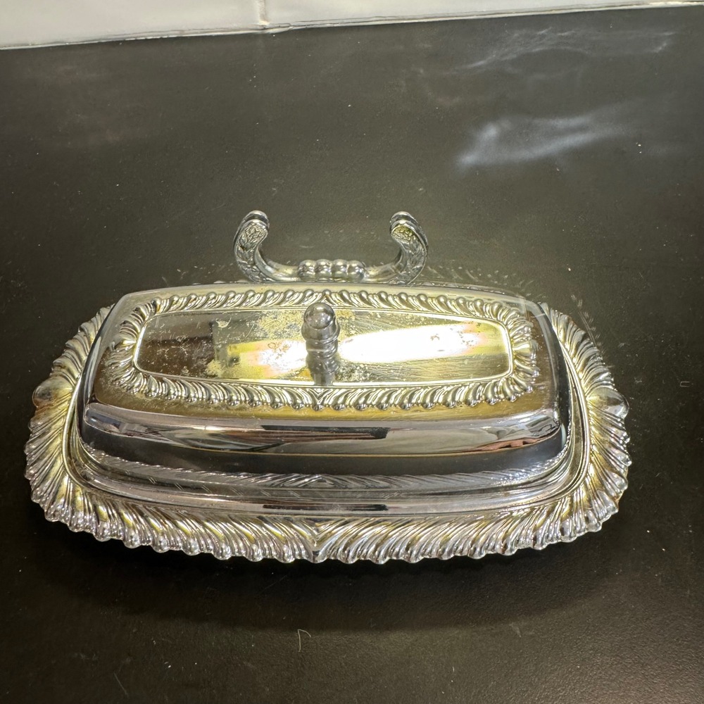 Leonard Silverplate Butter Dish Home Size Silver Ornate Scroll Glass Insert 4470
